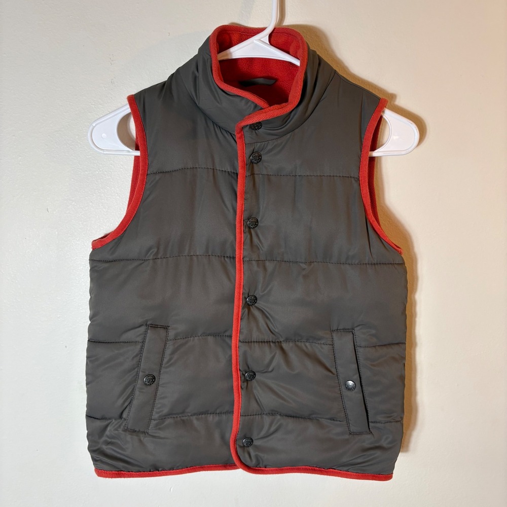 Mini Boden Puffer Vest Taupe Gray with Red Trim Fleece Lined 7-8Y